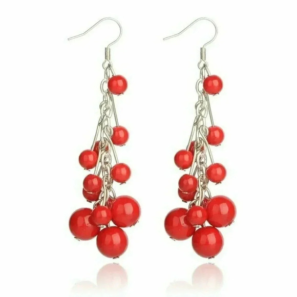 Handmade Red Mashan Jade Gemstone Beads Silver Plated Dangle Chain Earrings - Picture 1 of 2